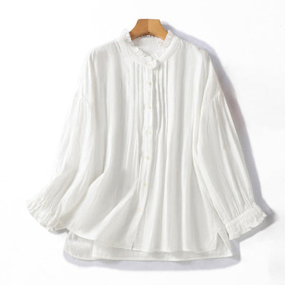 Buddha Stones White Ruffled Collar Long Sleeve Women's Cotton Shirt - White - US8-10，UK/AU12-14，EU40-42 (2XL) - image 0