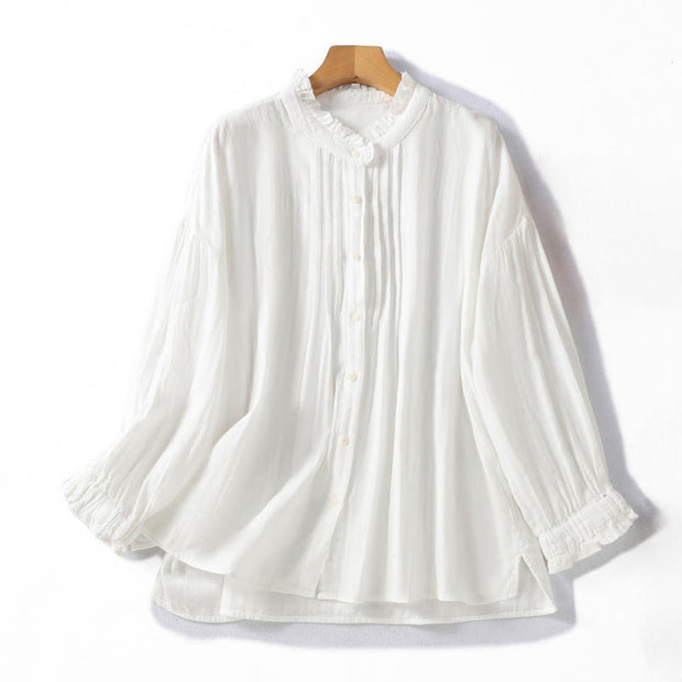 Buddha Stones White Ruffled Collar Long Sleeve Women's Cotton Shirt - White - US8-10，UK/AU12-14，EU40-42 (2XL) - image 0