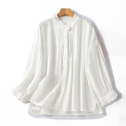 Buddha Stones White Ruffled Collar Long Sleeve Women's Cotton Shirt - White - US12，UK/AU16，EU44 (2XL) - image 0