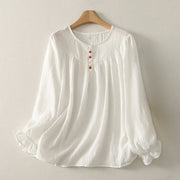Buddha Stones White Buttons Ruffled Long Sleeve Women's Cotton Shirt - White - US8-10，UK/AU12-14，EU40-42 (2XL) - image 0