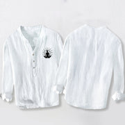Buddha Stones Meditating Buddha Lotus Pattern Half Buttons Men's Cotton Linen Long Sleeve Shirt - image 8