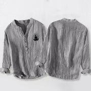 Buddha Stones Meditating Buddha Lotus Pattern Half Buttons Men's Cotton Linen Long Sleeve Shirt - image 2