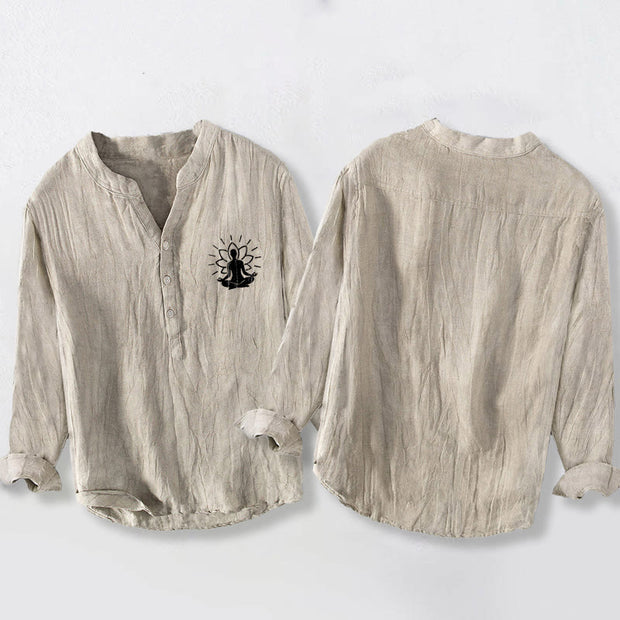 Buddha Stones Meditating Buddha Lotus Pattern Half Buttons Men's Cotton Linen Long Sleeve Shirt - image 5