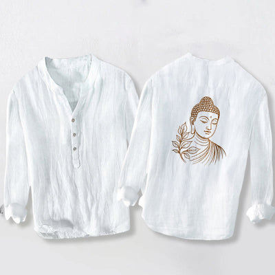 Buddha Stones Peaceful Buddha Leaves Pattern Half Buttons Men's Cotton Linen Long Sleeve Shirt - White - US/UK/AU50，EU60 (5XL) - image 0