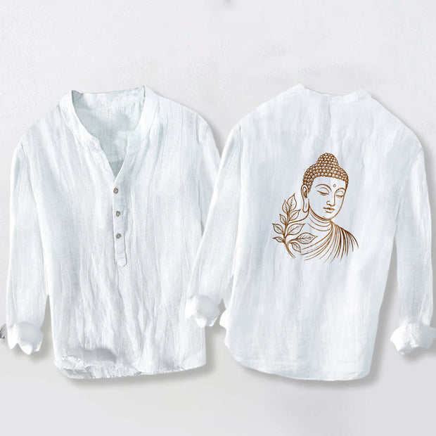 Buddha Stones Peaceful Buddha Leaves Pattern Half Buttons Men's Cotton Linen Long Sleeve Shirt - White - US/UK/AU50，EU60 (5XL) - image 0