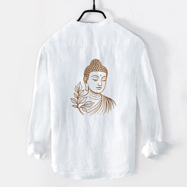 Buddha Stones Peaceful Buddha Leaves Pattern Half Buttons Men's Cotton Linen Long Sleeve Shirt - image 2