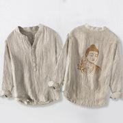 Buddha Stones Peaceful Buddha Leaves Pattern Half Buttons Men's Cotton Linen Long Sleeve Shirt - Linen - US/UK/AU50，EU60 (5XL) - image 6