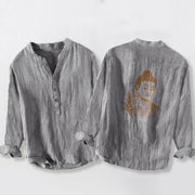 Buddha Stones Peaceful Buddha Leaves Pattern Half Buttons Men's Cotton Linen Long Sleeve Shirt - Gray - US/UK/AU50，EU60 (5XL) - image 3