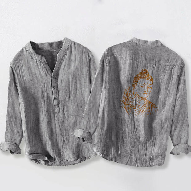 Buddha Stones Peaceful Buddha Leaves Pattern Half Buttons Men's Cotton Linen Long Sleeve Shirt - Gray - US/UK/AU50，EU60 (5XL) - image 3