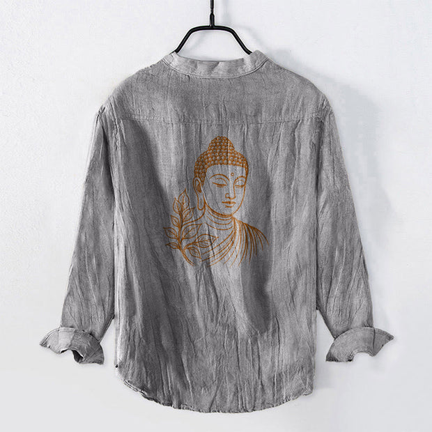 Buddha Stones Peaceful Buddha Leaves Pattern Half Buttons Men's Cotton Linen Long Sleeve Shirt - image 5