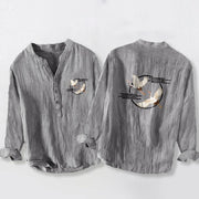 Buddha Stones Soaring White Crane Pattern Half Buttons Men's Cotton Linen Long Sleeve Shirt - Gray - US/UK/AU50，EU60 (5XL) - image 0