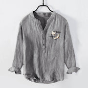 Buddha Stones Soaring White Crane Pattern Half Buttons Men's Cotton Linen Long Sleeve Shirt - image 1