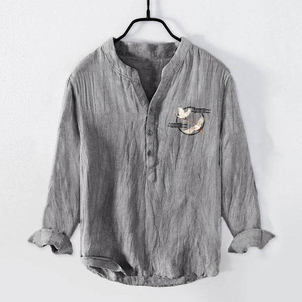Buddha Stones Soaring White Crane Pattern Half Buttons Men's Cotton Linen Long Sleeve Shirt - image 1