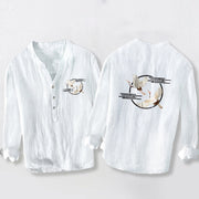 Buddha Stones Soaring White Crane Pattern Half Buttons Men's Cotton Linen Long Sleeve Shirt - White - US/UK/AU50，EU60 (5XL) - image 3
