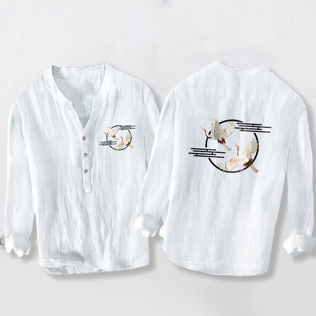 Buddha Stones Soaring White Crane Pattern Half Buttons Men's Cotton Linen Long Sleeve Shirt - White - US/UK/AU50，EU60 (5XL) - image 3