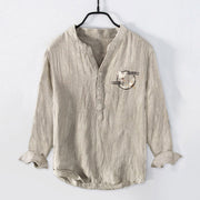 Buddha Stones Soaring White Crane Pattern Half Buttons Men's Cotton Linen Long Sleeve Shirt - image 7