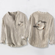 Buddha Stones Soaring White Crane Pattern Half Buttons Men's Cotton Linen Long Sleeve Shirt - Linen - US/UK/AU50，EU60 (5XL) - image 6