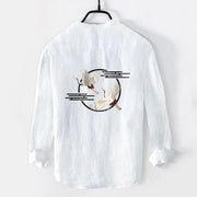 Buddha Stones Soaring White Crane Pattern Half Buttons Men's Cotton Linen Long Sleeve Shirt - image 5