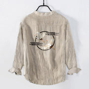 Buddha Stones Soaring White Crane Pattern Half Buttons Men's Cotton Linen Long Sleeve Shirt - image 8