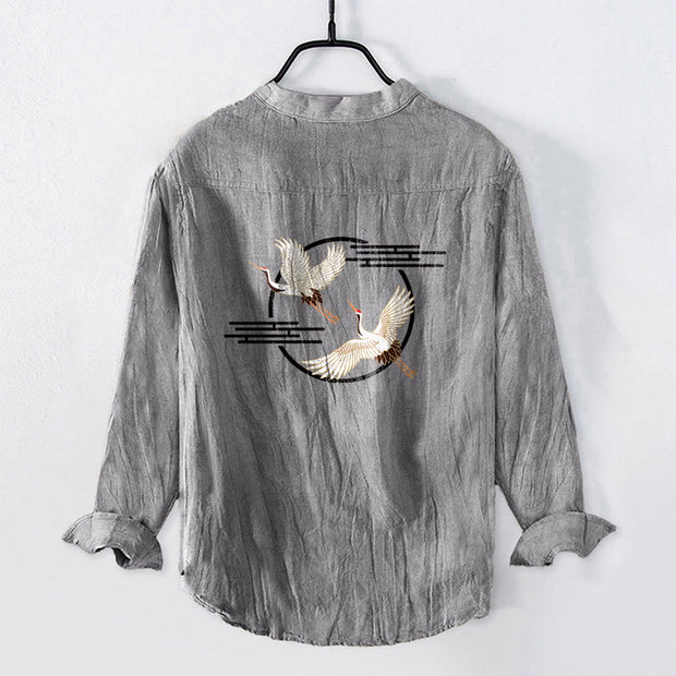 Buddha Stones Soaring White Crane Pattern Half Buttons Men's Cotton Linen Long Sleeve Shirt - image 2