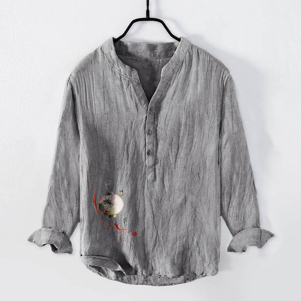 Buddha Stones Butterfly Bamboo Lantern Pattern Half Buttons Men's Cotton Linen Long Sleeve Shirt - Gray - US/UK/AU50，EU60 (5XL) - image 6