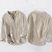Buddha Stones Butterfly Bamboo Lantern Pattern Half Buttons Men's Cotton Linen Long Sleeve Shirt - image 2