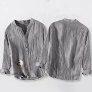 Buddha Stones Butterfly Bamboo Lantern Pattern Half Buttons Men's Cotton Linen Long Sleeve Shirt - image 8