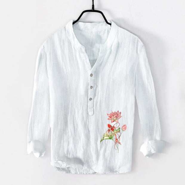 Buddha Stones Swimming Koi Fish Lotus Pattern Half Buttons Men's Cotton Linen Long Sleeve Shirt - White - US/UK/AU50，EU60 (5XL) - image 0