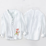 Buddha Stones Swimming Koi Fish Lotus Pattern Half Buttons Men's Cotton Linen Long Sleeve Shirt - image 2