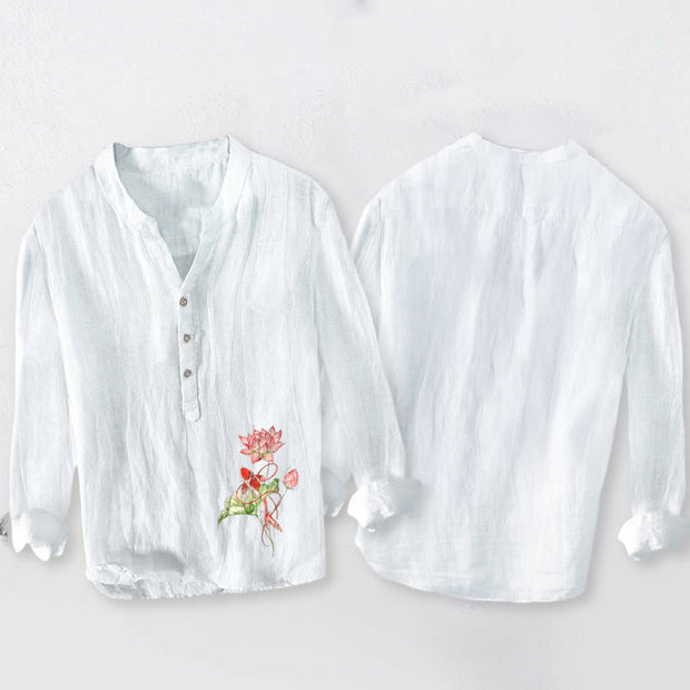 Buddha Stones Swimming Koi Fish Lotus Pattern Half Buttons Men's Cotton Linen Long Sleeve Shirt - image 2