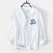 Buddha Stones Lotus OM Symbol Pattern Half Buttons Men's Cotton Linen Long Sleeve Shirt - image 8