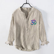 Buddha Stones Lotus OM Symbol Pattern Half Buttons Men's Cotton Linen Long Sleeve Shirt - image 4