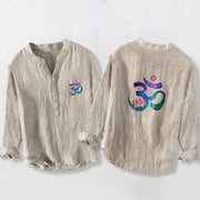 Buddha Stones Lotus OM Symbol Pattern Half Buttons Men's Cotton Linen Long Sleeve Shirt - Linen - US/UK/AU50，EU60 (5XL) - image 3