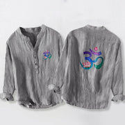 Buddha Stones Lotus OM Symbol Pattern Half Buttons Men's Cotton Linen Long Sleeve Shirt - Gray - US/UK/AU50，EU60 (5XL) - image 0