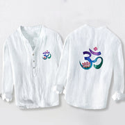 Buddha Stones Lotus OM Symbol Pattern Half Buttons Men's Cotton Linen Long Sleeve Shirt - White - US/UK/AU50，EU60 (5XL) - image 6