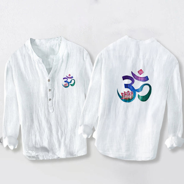 Buddha Stones Lotus OM Symbol Pattern Half Buttons Men's Cotton Linen Long Sleeve Shirt - White - US/UK/AU50，EU60 (5XL) - image 6