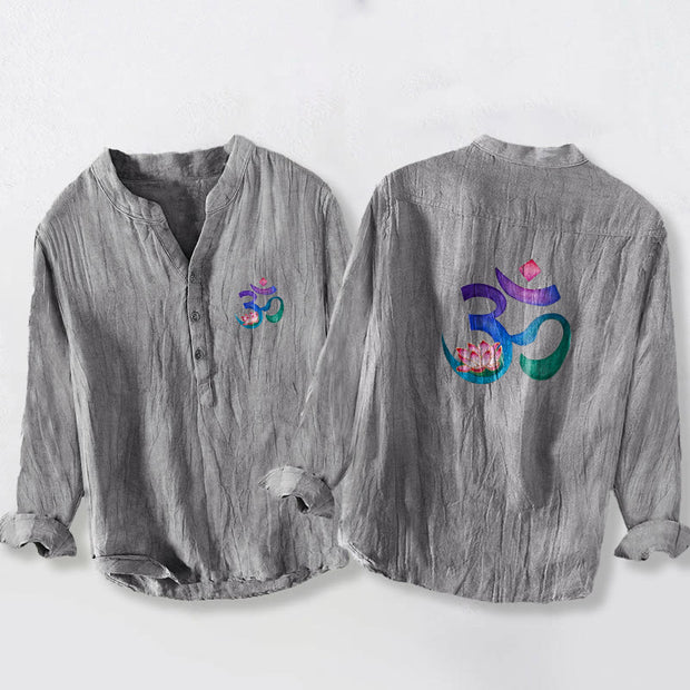 Buddha Stones Lotus OM Symbol Pattern Half Buttons Men's Cotton Linen Long Sleeve Shirt - Gray - US/UK/AU50，EU60 (5XL) - image 0
