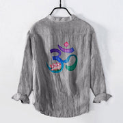 Buddha Stones Lotus OM Symbol Pattern Half Buttons Men's Cotton Linen Long Sleeve Shirt - image 2