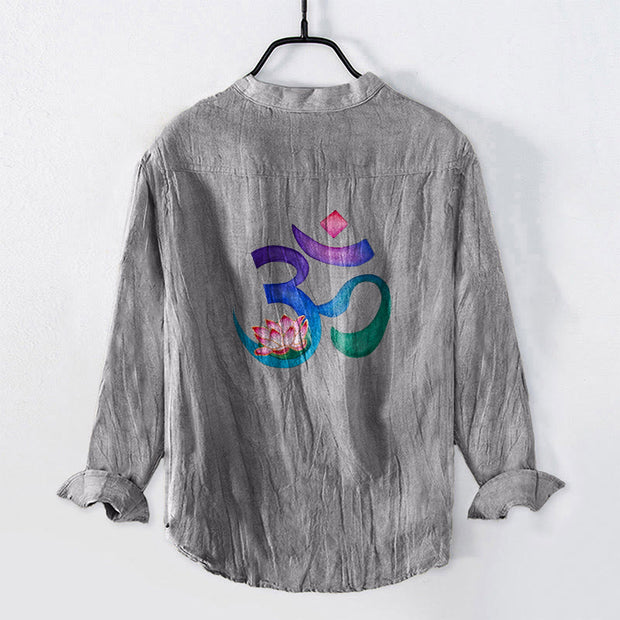 Buddha Stones Lotus OM Symbol Pattern Half Buttons Men's Cotton Linen Long Sleeve Shirt - image 2