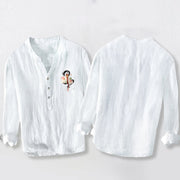 Buddha Stones Dragon Lotus Lantern Pattern Half Buttons Men's Cotton Linen Long Sleeve Shirt - image 5