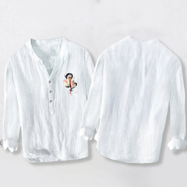 Buddha Stones Dragon Lotus Lantern Pattern Half Buttons Men's Cotton Linen Long Sleeve Shirt - image 5