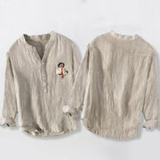 Buddha Stones Dragon Lotus Lantern Pattern Half Buttons Men's Cotton Linen Long Sleeve Shirt - image 2