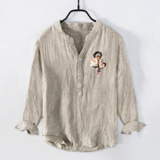 Buddha Stones Dragon Lotus Lantern Pattern Half Buttons Men's Cotton Linen Long Sleeve Shirt - Linen - US/UK/AU50，EU60 (5XL) - image 0