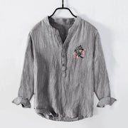 Buddha Stones Peach Blossom Love Character Pattern Half Buttons Men's Cotton Linen Long Sleeve Shirt - Gray - US/UK/AU50，EU60 (5XL) - image 3