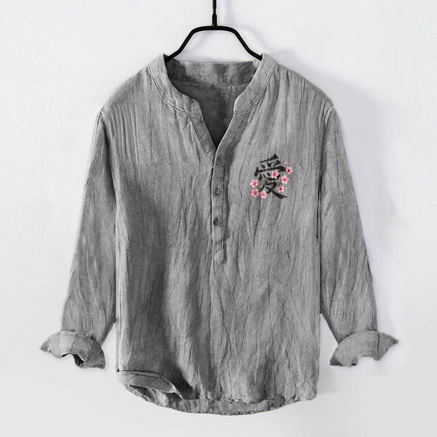 Buddha Stones Peach Blossom Love Character Pattern Half Buttons Men's Cotton Linen Long Sleeve Shirt - Gray - US/UK/AU50，EU60 (5XL) - image 3
