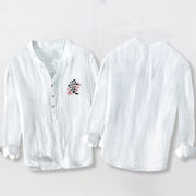 Buddha Stones Peach Blossom Love Character Pattern Half Buttons Men's Cotton Linen Long Sleeve Shirt - image 8