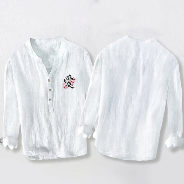Buddha Stones Peach Blossom Love Character Pattern Half Buttons Men's Cotton Linen Long Sleeve Shirt - image 8