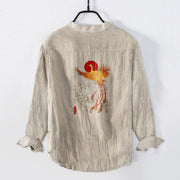 Buddha Stones Phoenix Clouds Red Sun Pattern Half Buttons Men's Cotton Linen Long Sleeve Shirt - image 0