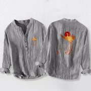 Buddha Stones Phoenix Clouds Red Sun Pattern Half Buttons Men's Cotton Linen Long Sleeve Shirt - Gray - US/UK/AU50，EU60 (5XL) - image 6