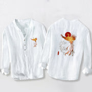 Buddha Stones Phoenix Clouds Red Sun Pattern Half Buttons Men's Cotton Linen Long Sleeve Shirt - White - US/UK/AU50，EU60 (5XL) - image 3